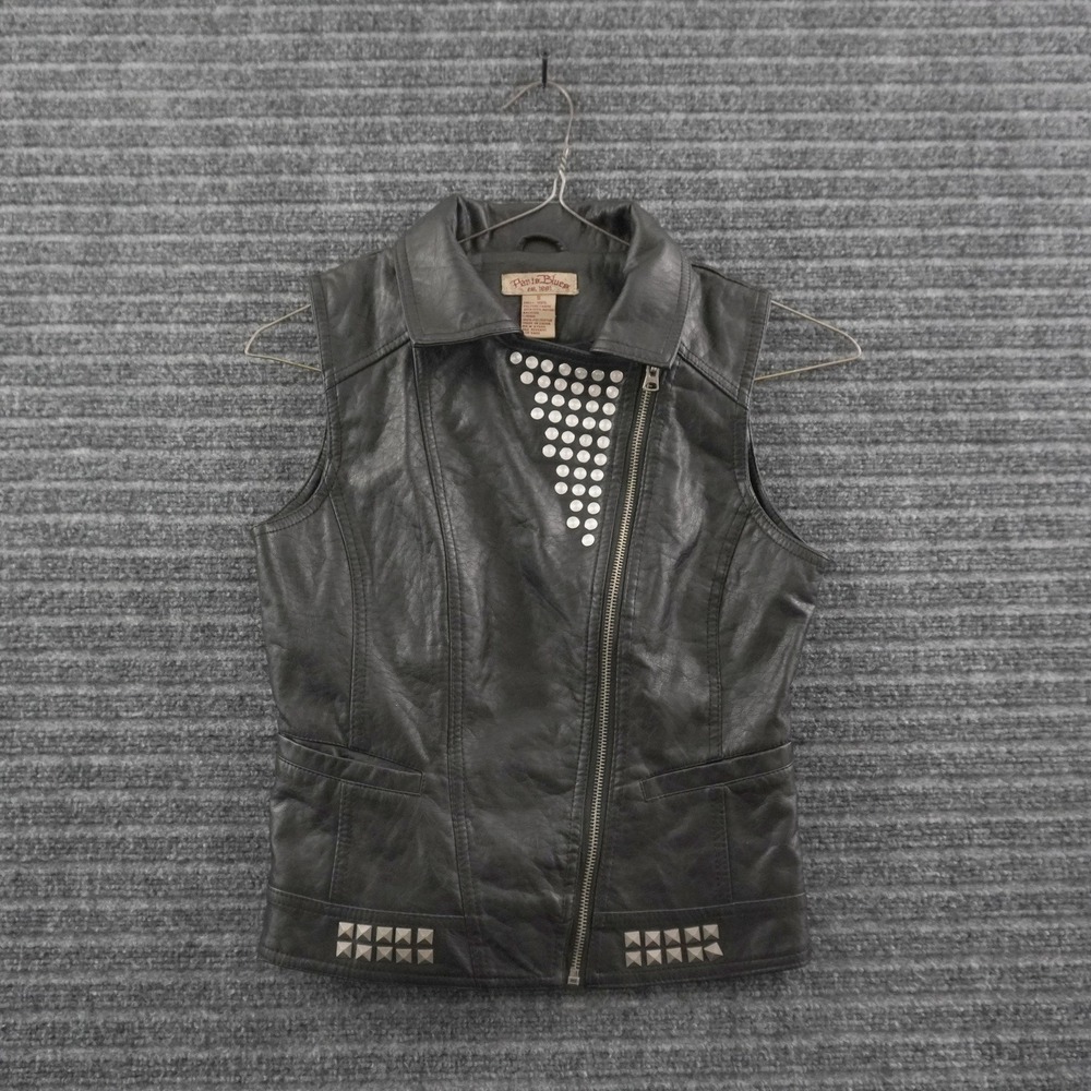 Paris Blues Moto Vest Womens Small Black Faux Leather Studded Asymmetric Zip